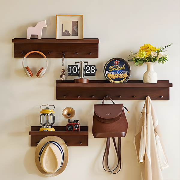 Handcrafted Solid Wood Floating Shelf with Hooks – Walnut & Cherry Wood | No-Drill or Screw Mount