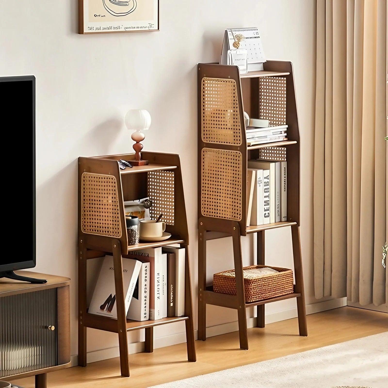 Bamboo And Rattan Bookshelf Storage Rack Corner Cabinet - 30.5" / Walnut