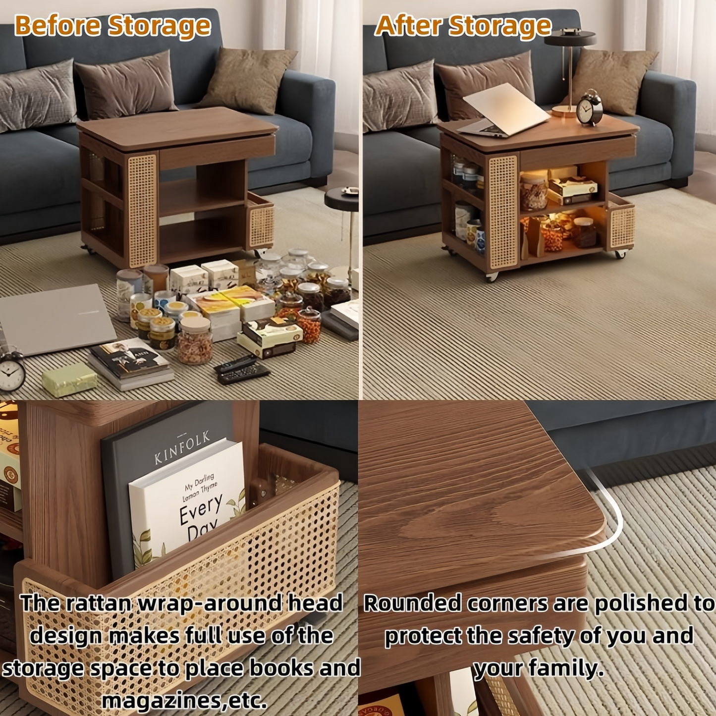 Solid Wood Movable Square Lift Top Coffee Table With Storage For Living Room