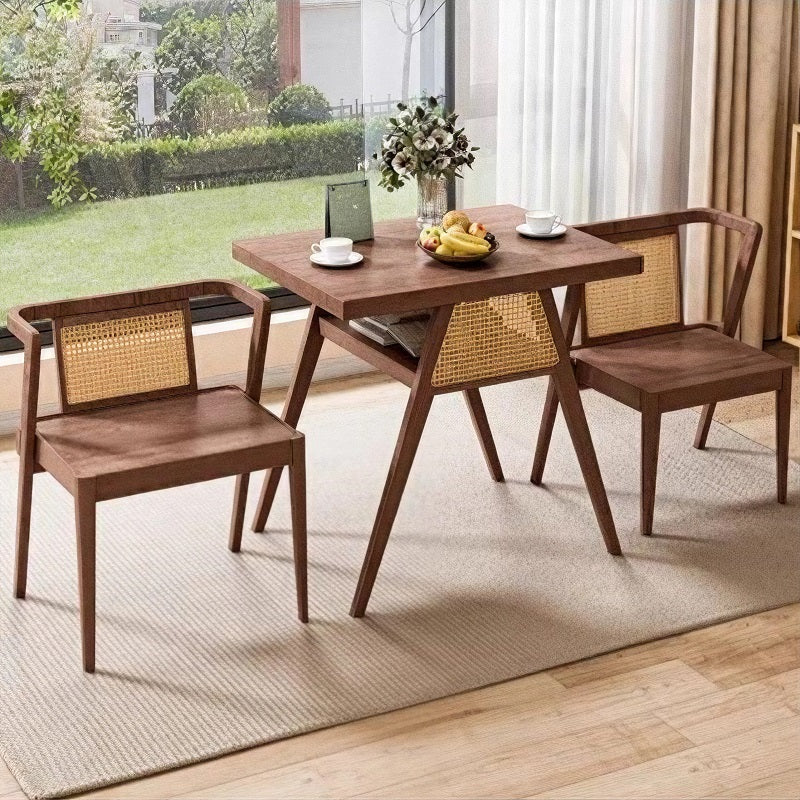 Set of 3 Rattan Walnut Wood Coffee Table Table and Chair Combination Side Table Dining Table