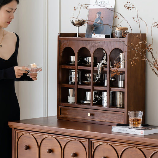 Wooden Coffee Mug Rack with Drawers Organizer Water Cup Storage Cabinet, 3 Tier Kitchen Cabinets , Holds 12 Mugs