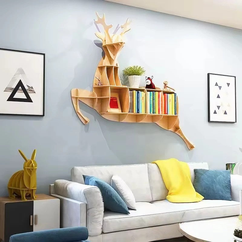 Wooden Elk Wall Animal Shape Bookshelf Storage Rack