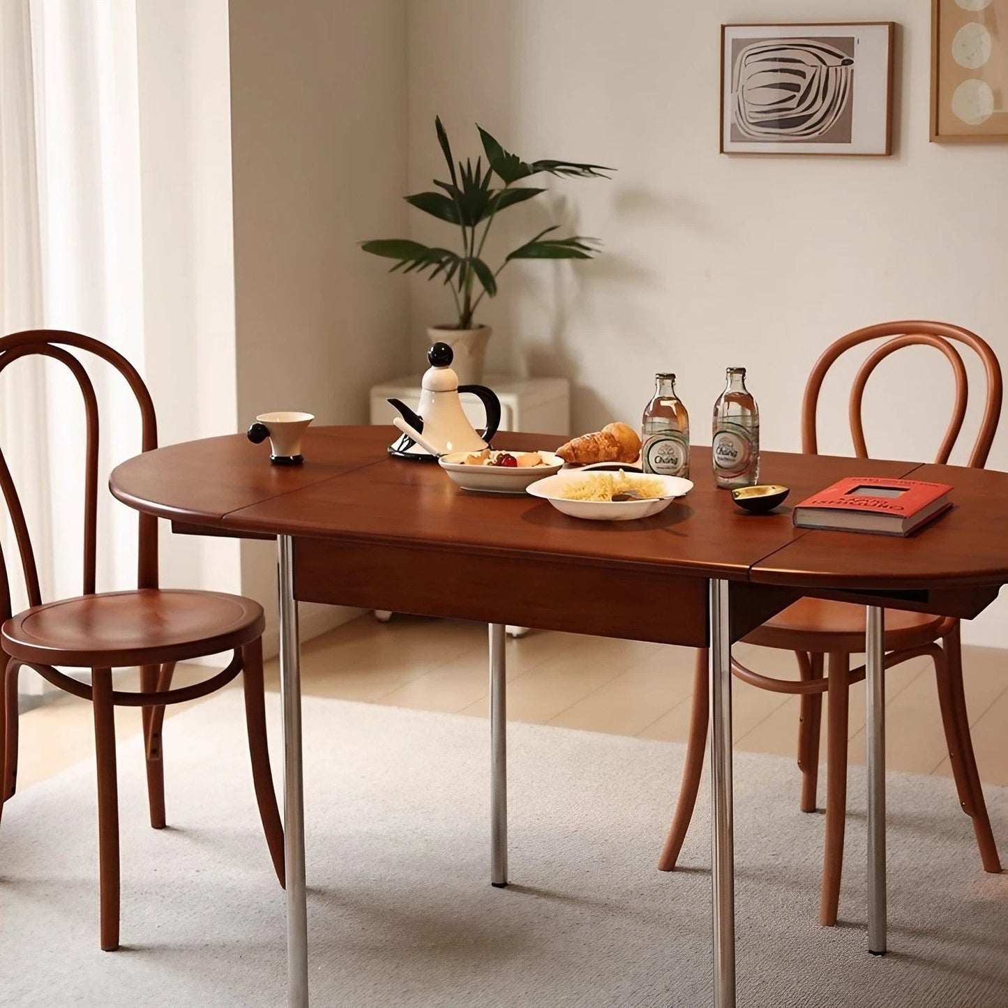 Oak Folding Oval Coffee Table Retractable Pull-Out Desk