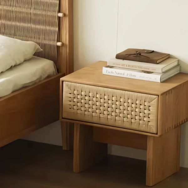 Solid Wood Nightstand with Woven Drawer Front – Bedside Side Table