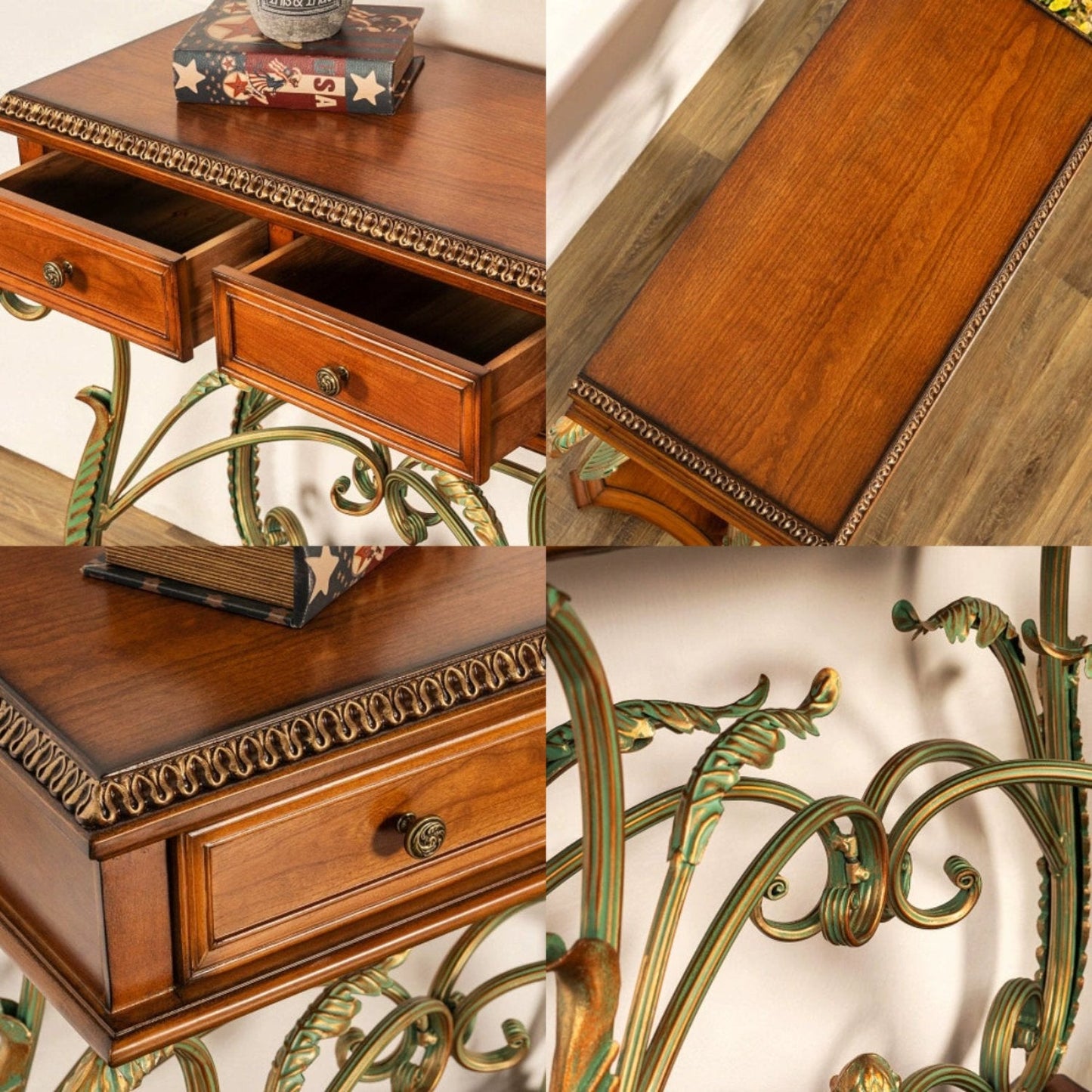 Retro Solid Wood Carving Console Table With 2 Drawers, Metal Flower Vine Table Legs