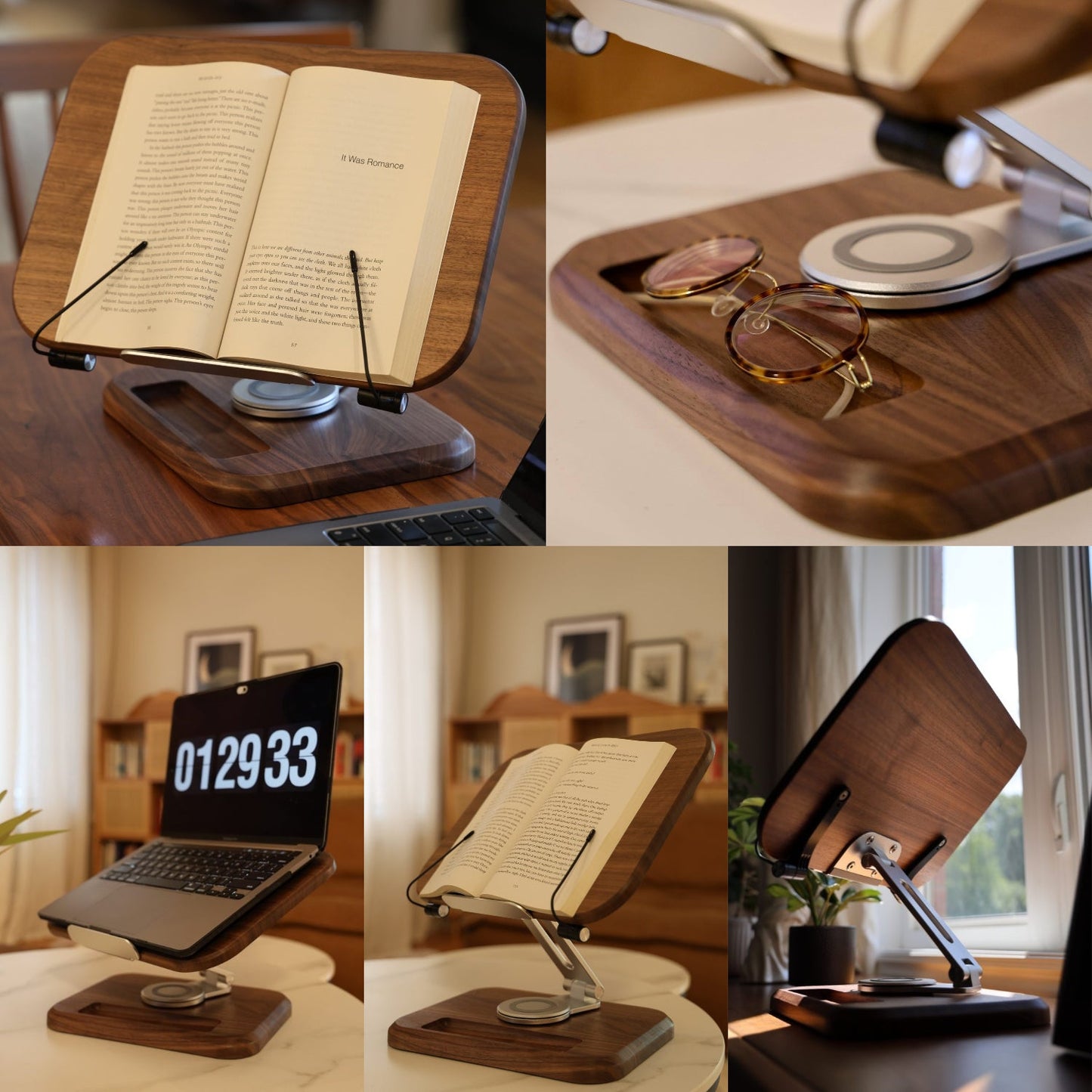 Walnut Solid Wood 360° Rotating Adjustable Foldable Lifting Desktop Book Holder Laptop Bracket