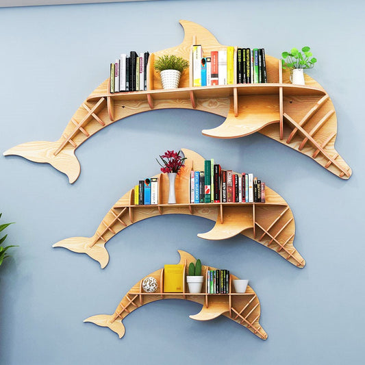 Wooden Dolphin Wall Animal Shape Bookshelf Storage Rack