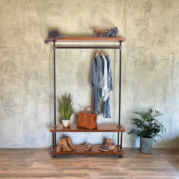 H72" Industrial Pipe Clothing /Coat Rack with Shelves & Shoe Storage – Heavy Duty Steampunk Design for Home & Retail