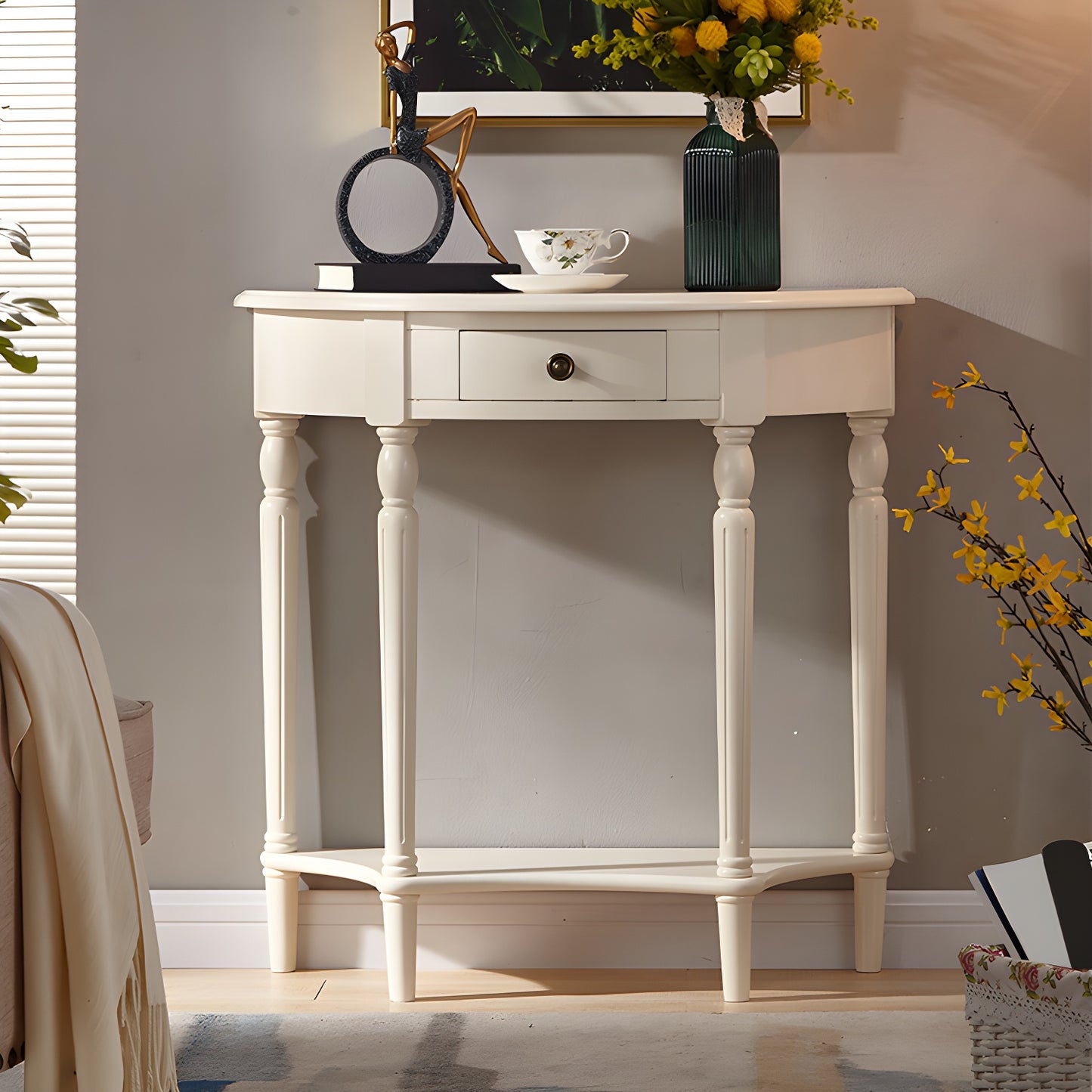 Solid Wood Half Moon Console Table With Shelf And Drawer