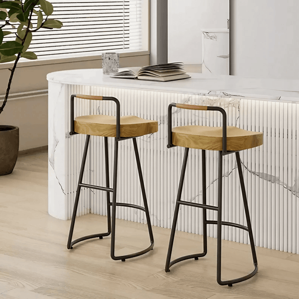 Set of 2 Solid Wood Wrought Iron Body Curved Bar Stool with Backs Counter Stools