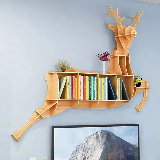 Wooden Elk Wall Animal Shape Bookshelf Storage Rack