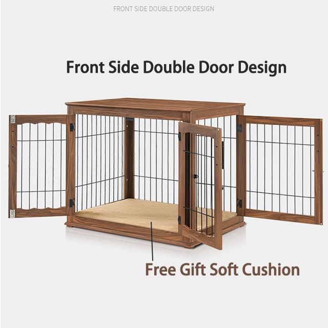 Furniture Style Dog Crate End Table, Double Doors Wooden Wire Dog Kennel with Pet Bed