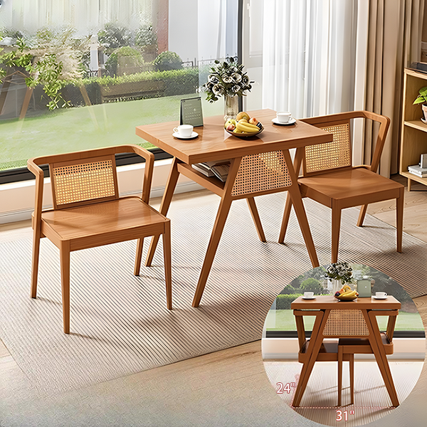 Set of 3 Rattan Walnut Color Wood Coffee Table and Chair Combination Side Table Dining Table