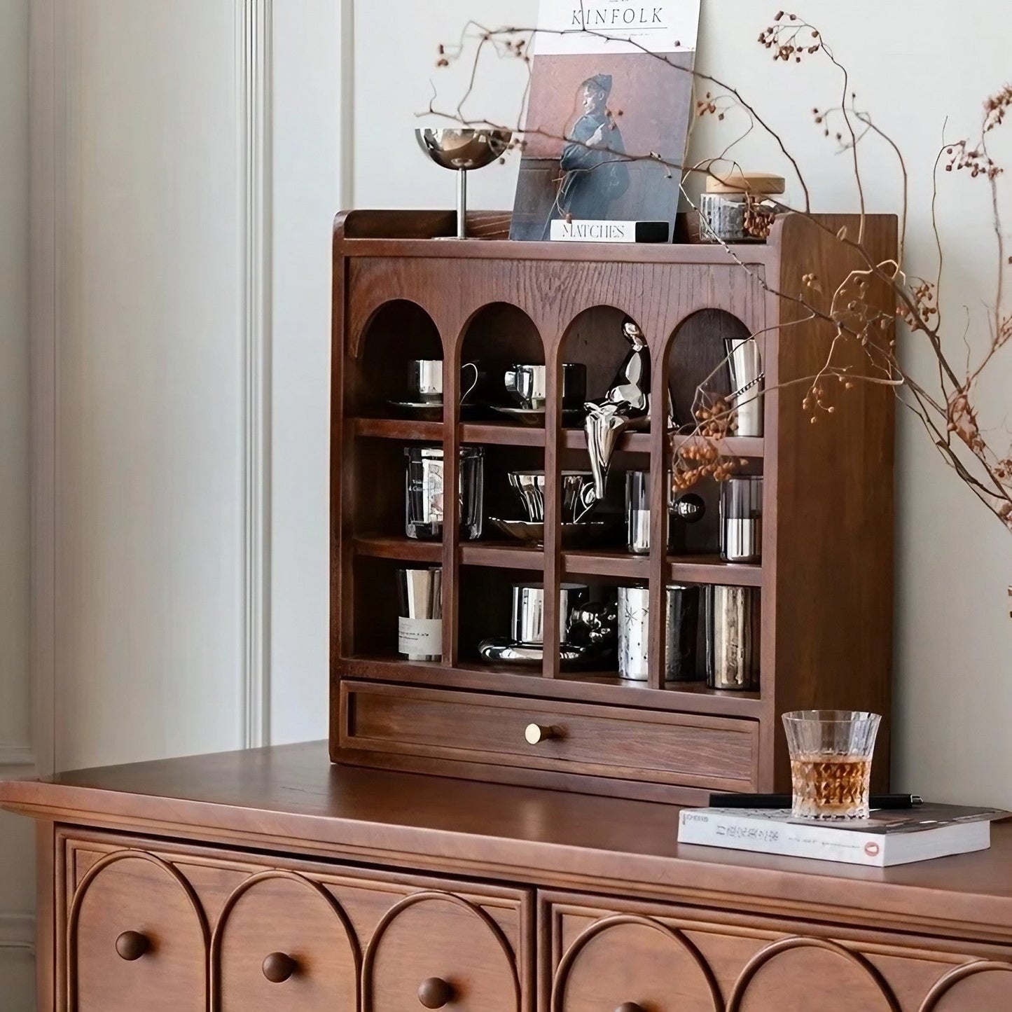 Wooden Coffee Mug Rack with Drawers Organizer Water Cup Storage Cabinet, 3 Tier Kitchen Cabinets , Holds 12 Mugs