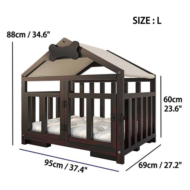 Solid Wood Doghouse with Overhanging Roof, Base and Cushion