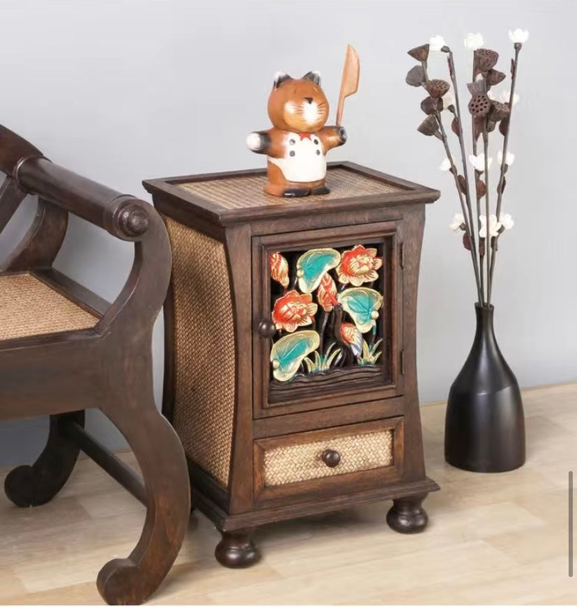 Craftsman style hand carved and rattan bedside table