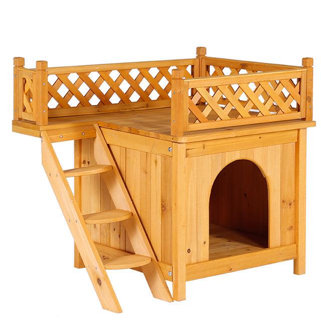 Solid wood two-story dog house with stairs, Small animal house for dogs and cats