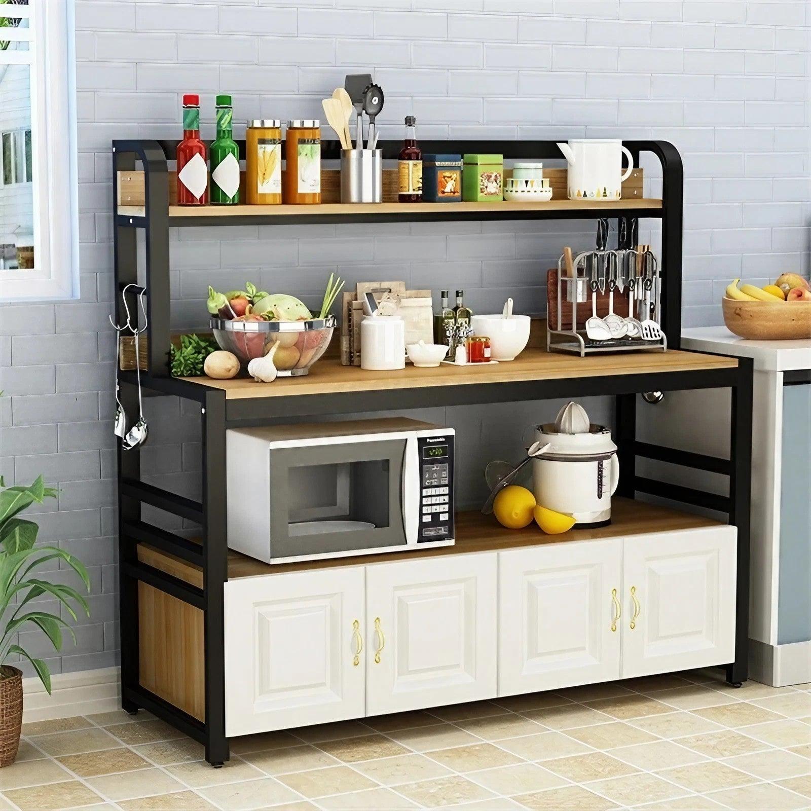 Food Table Rack Wood Solid Wood Kitchen Four-Layer Storage Rack Kitchen Butcher Block Table ...