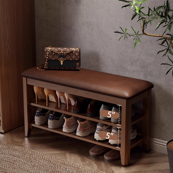 Solid Wood Shoe Bench, Two-Tier Entryway Shoe Bench, Adjustable Shelf Shoe Rack, Padded Seat Shoe Bench