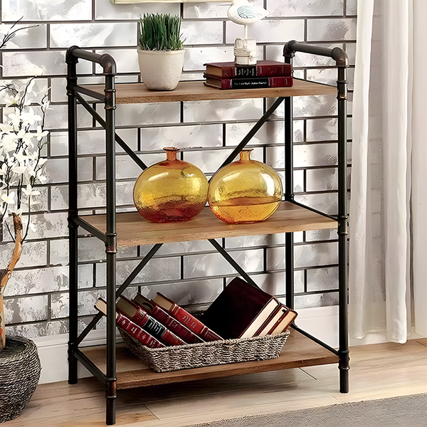 Solid Wood Industrial Bookshelf – 3/4/5 Tier Pipe Frame Storage Rack, Customizable & Fully Assembled