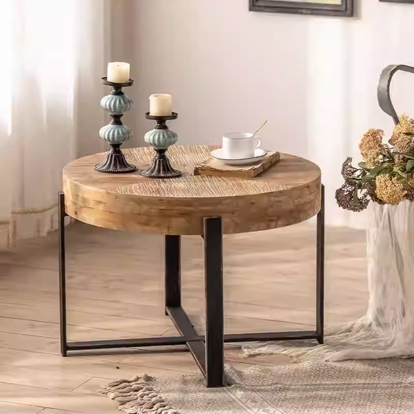 Solid Wood Round Table, Vintage-Style Small Coffee Table, Creative Sofa Side Table, Low Living Room Balcony Table