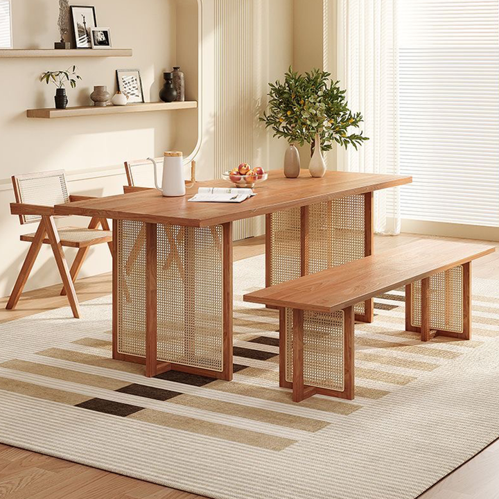 Solid Wood Dining Table with Handwoven Rattan Panel Legs – Modern Mini ...