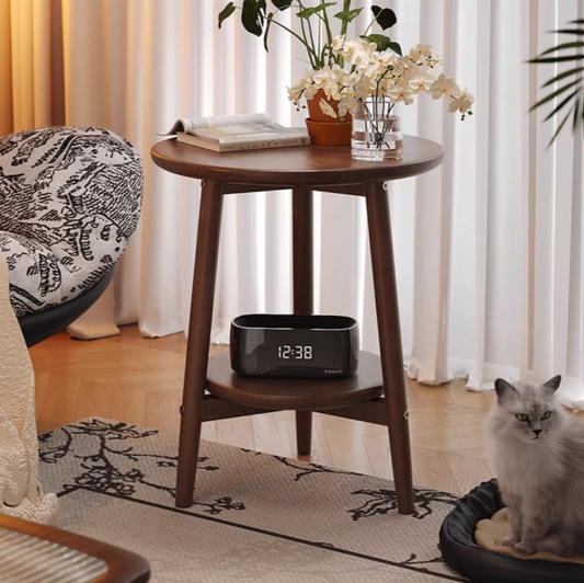 Solid Wood Round Side Table, Living Room Table, Multifunctional Nightstand, Double-Tier Storage Table