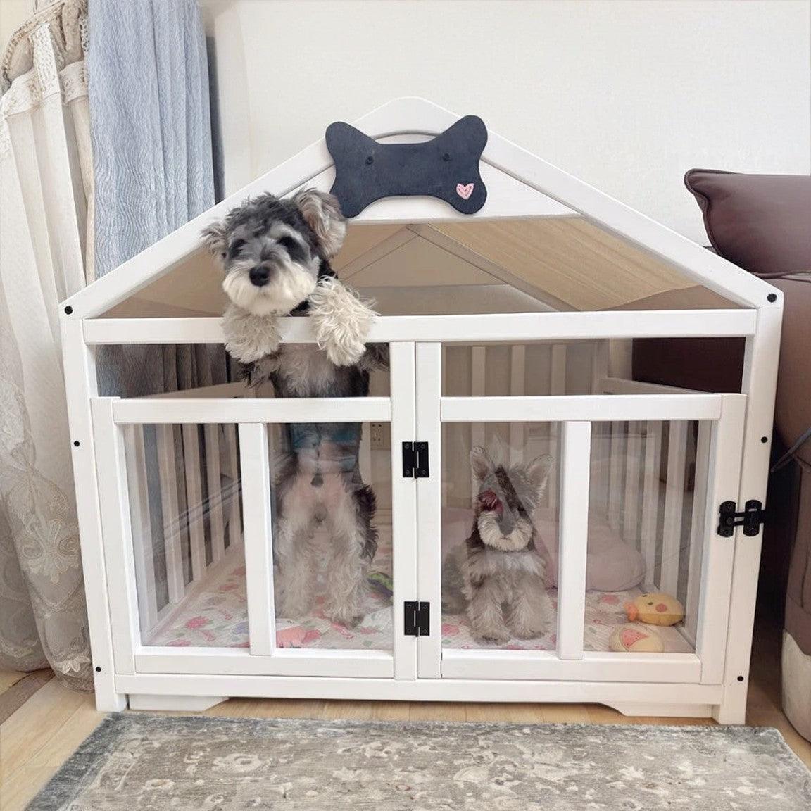 Solid Wood Doghouse with Overhanging Roof, Base and Cushion