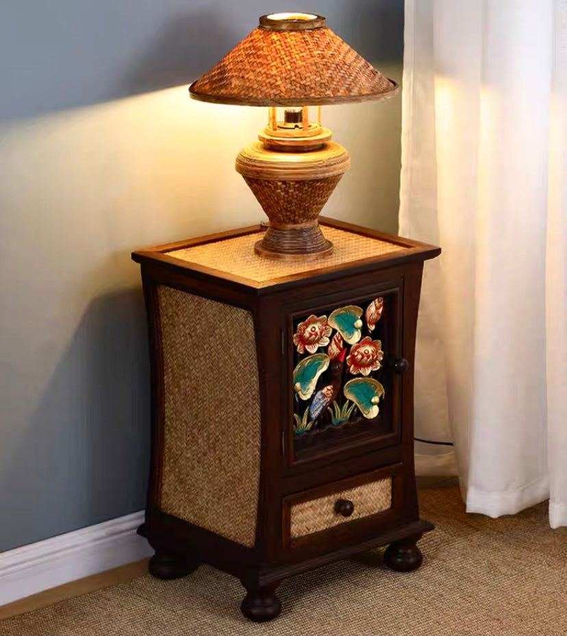 Craftsman style hand carved and rattan bedside table