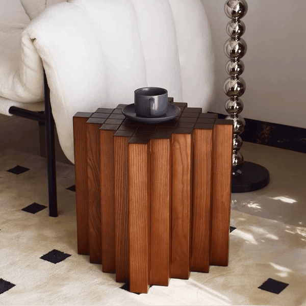 Checkerboard Inspired Side Table - Oak Wood - Patchwork Design