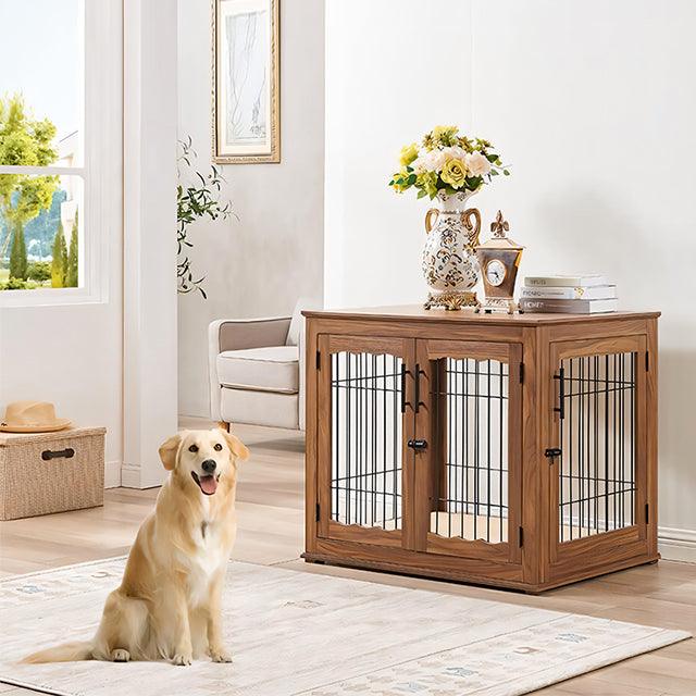 Furniture Style Dog Crate End Table, Double Doors Wooden Wire Dog Kennel with Pet Bed