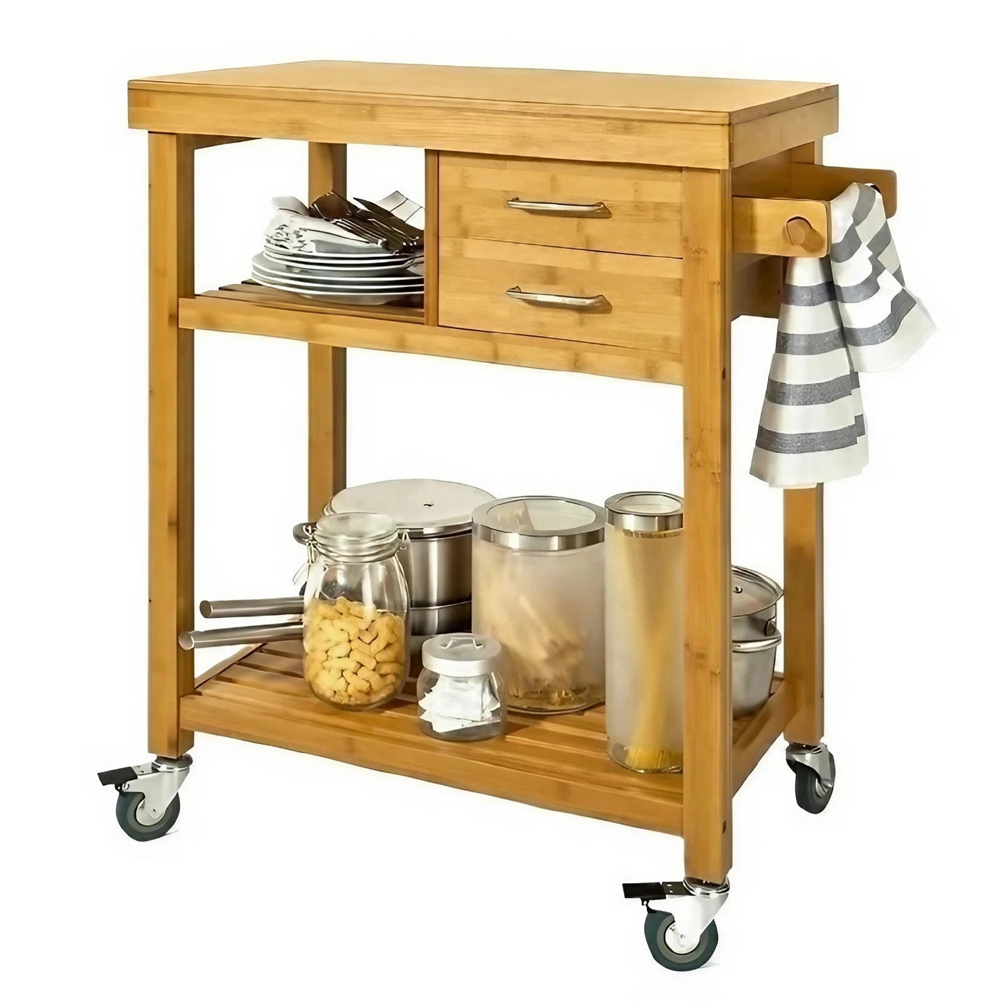 Solid Wood Mobile Kitchen Butcher Block Double Trolley Table Island With Drawers