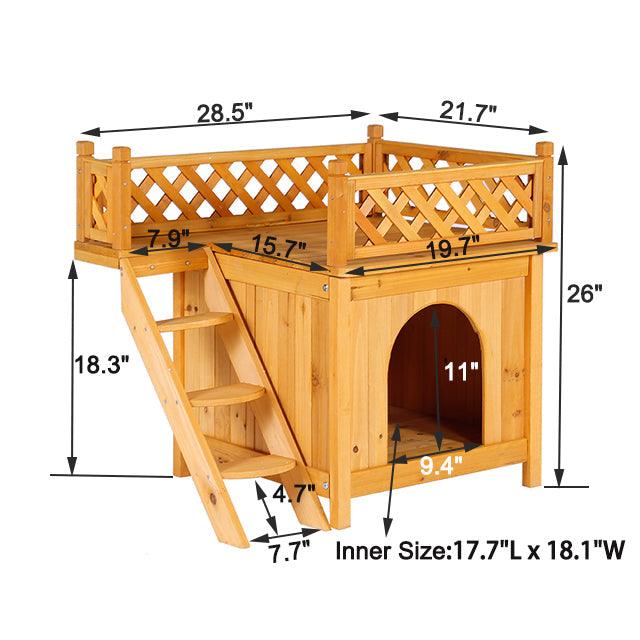 Solid wood two-story dog house with stairs, Small animal house for dogs and cats