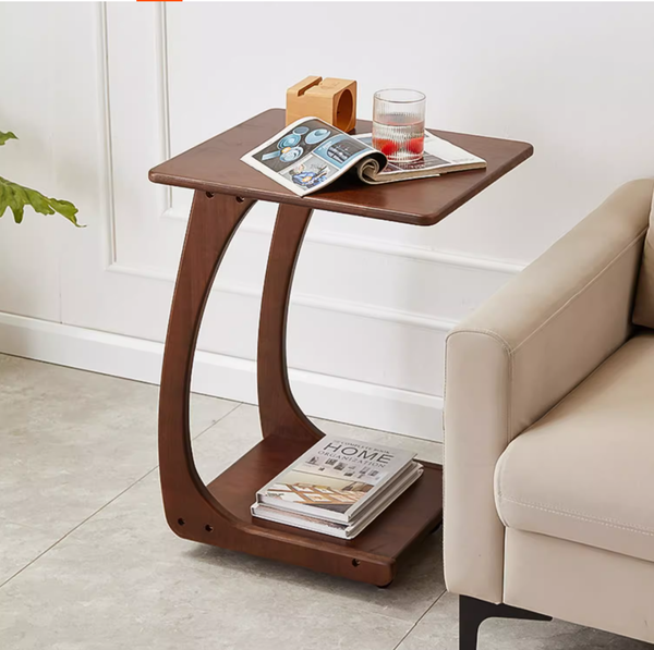 Solid Wood Side Table With Casters, Double-Layer Mobile Side Table, Sofa Side Cabinet, Compact Living Room Furniture, Multifunctional Corner Table