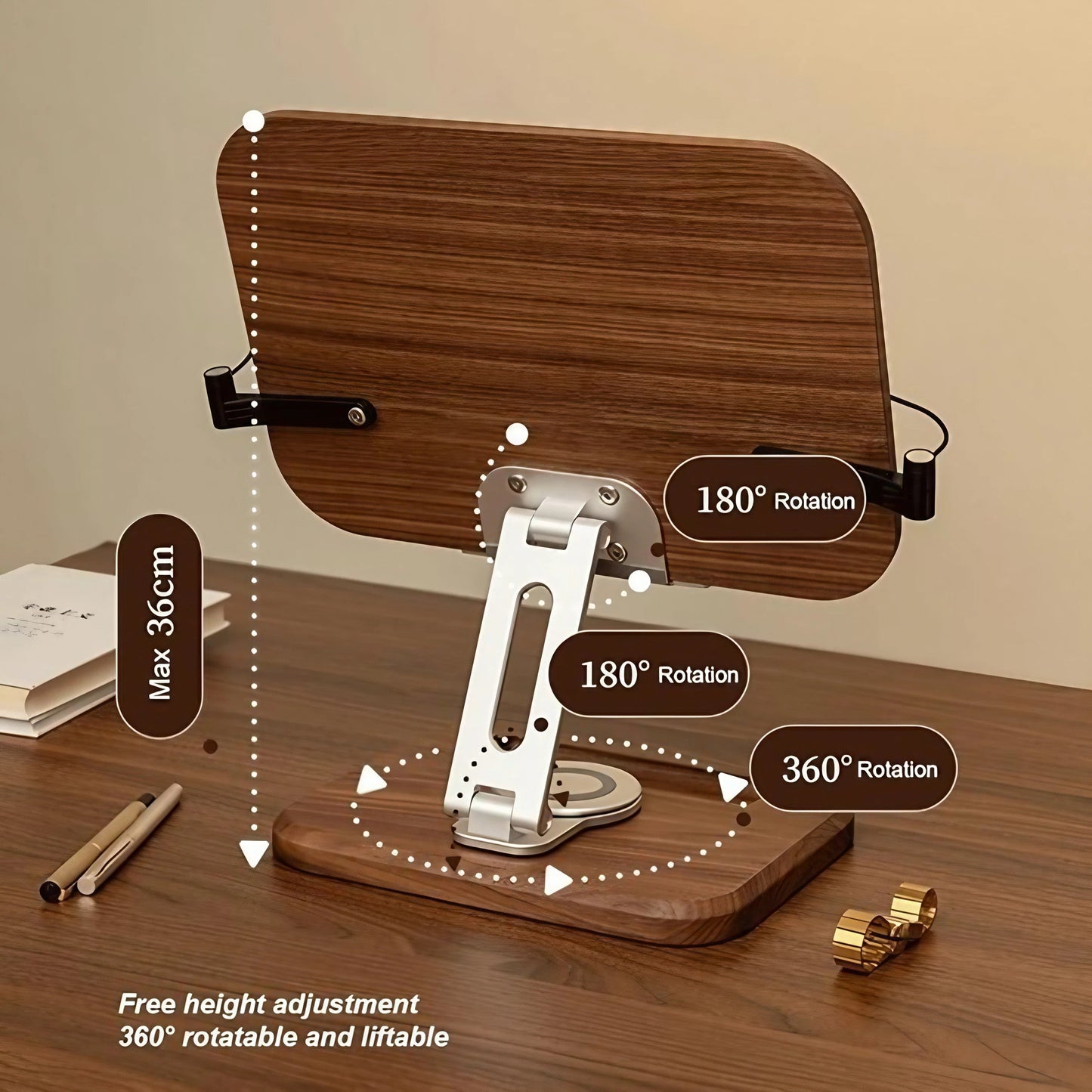 Walnut Solid Wood 360° Rotating Adjustable Foldable Lifting Desktop Book Holder Laptop Bracket