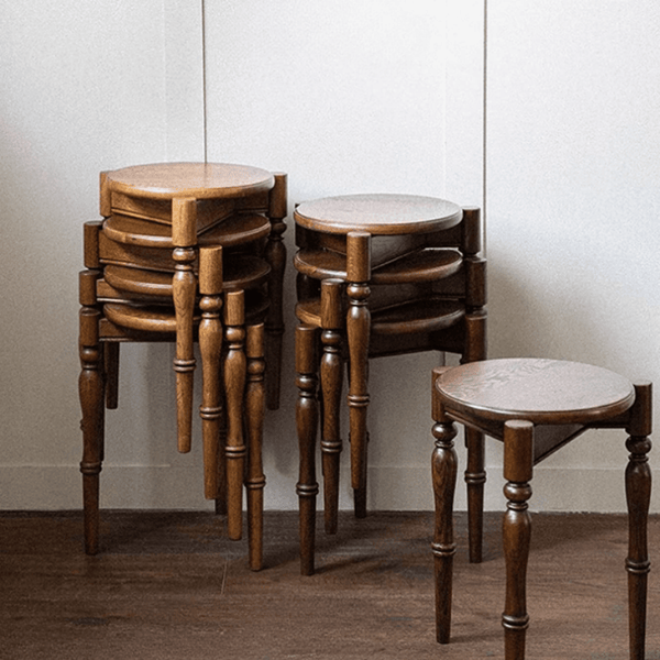 Vintage Oak Wood Round Stool - Stackable