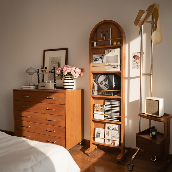 Solid Wood Full-Length Dressing Mirror With Mobile Floor-Standing Rotating Bookshelf And Magazine Holder, Vintage-Style Entryway Storage