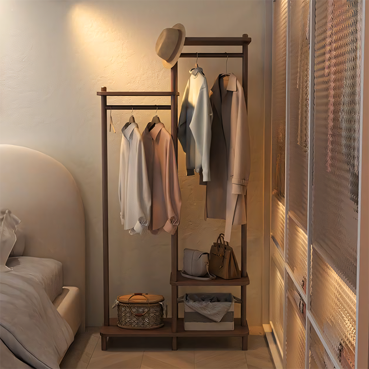 Solid Wood Clothing Rack with Dual Hanging Bars & Storage Shelf – Mode ...