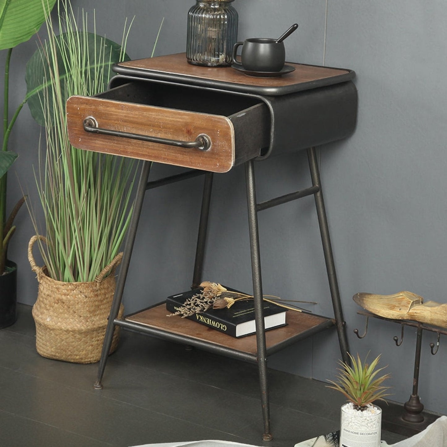 Retro Side Table with Drawer & Shelf Wooden top Metal Legs