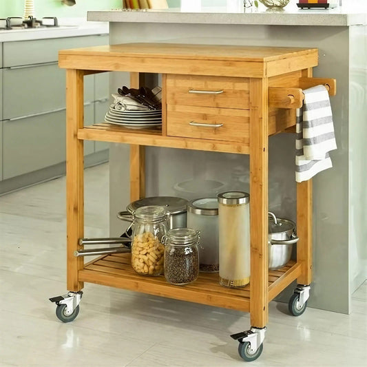 Solid Wood Mobile Kitchen Butcher Block Double Trolley Table Island With Drawers