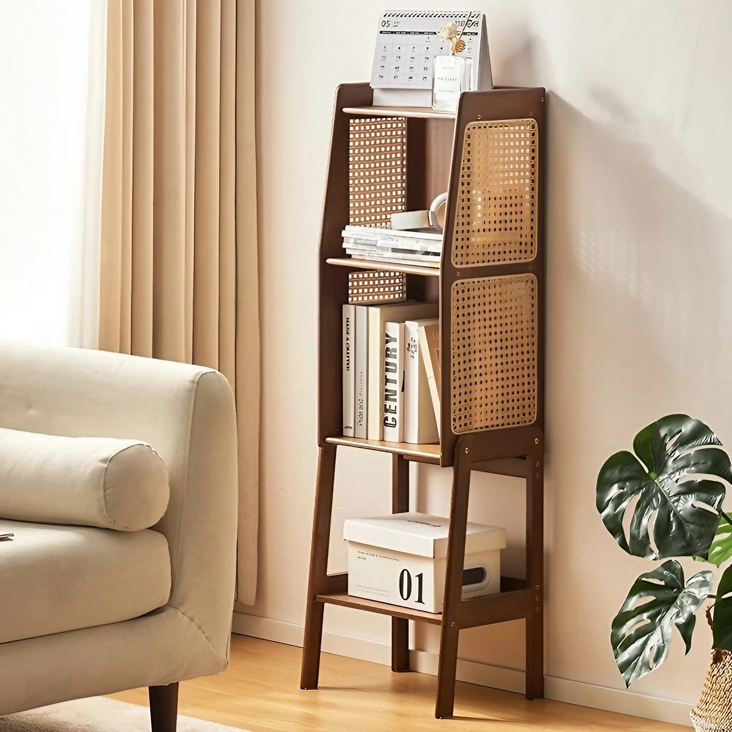 Bamboo And Rattan Bookshelf Storage Rack Corner Cabinet