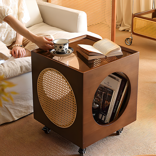 Handcrafted Modern Cube Side Table – Solid Wood, Rattan, Glass Top Nightstand Coffee Table