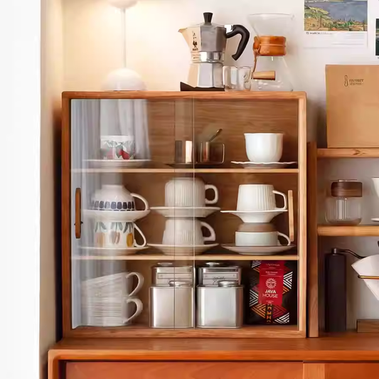 Solid Wood Storage Cabinet, Glass Door Cabinet, Coffee Cup Display, Kitchen Storage Rack, Double-Tier Storage Shelf