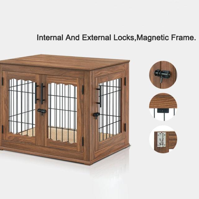 Furniture Style Dog Crate End Table, Double Doors Wooden Wire Dog Kennel with Pet Bed