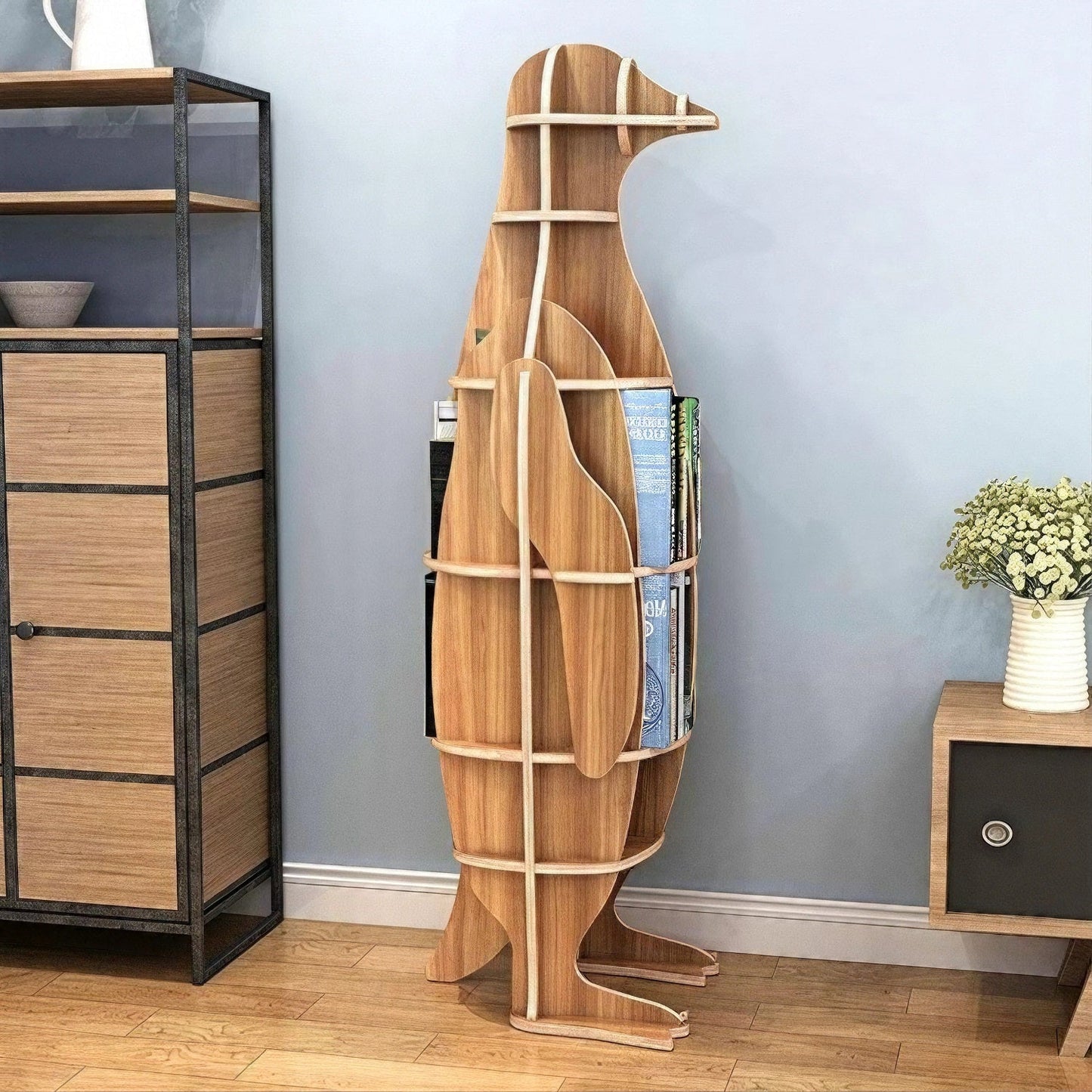 Wooden Bookshelves Penguin Animal Shape Bookshelf Kids Bookcases Storage Rack