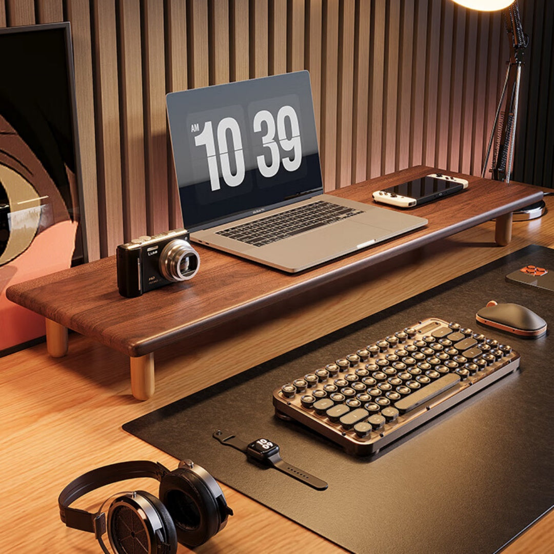 Solid Wood Monitor Stand with Beech Wood Legs, Dark Walnut