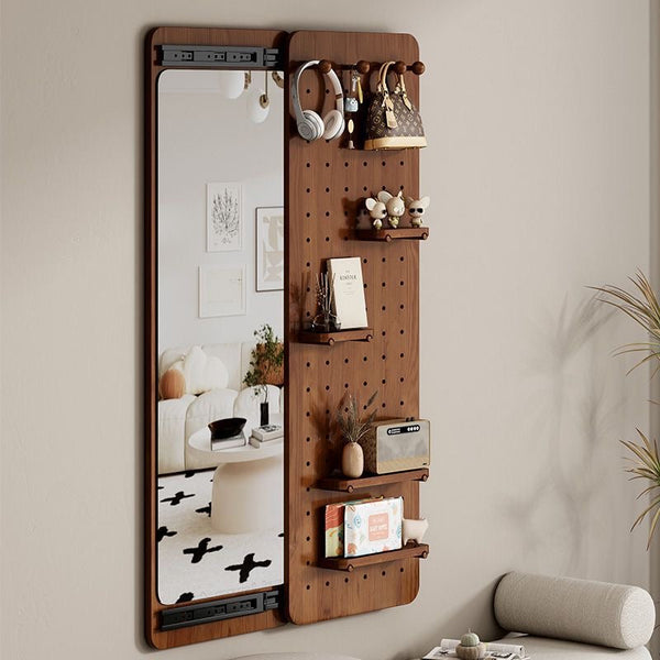 Wall Organizer with Mirror – Solid Wood Pegboard Shelf with Hooks, Adjustable Entryway Storage