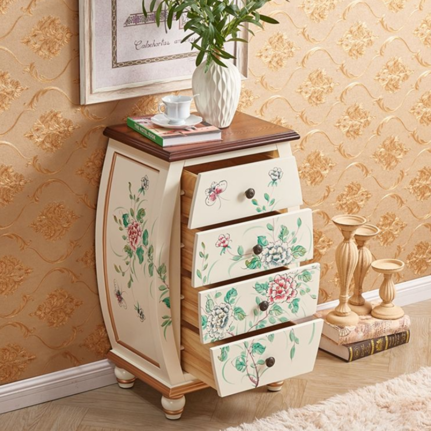 Vintage Hand-Painted Solid Wood Drawer Carved Narrow Side Cabinet