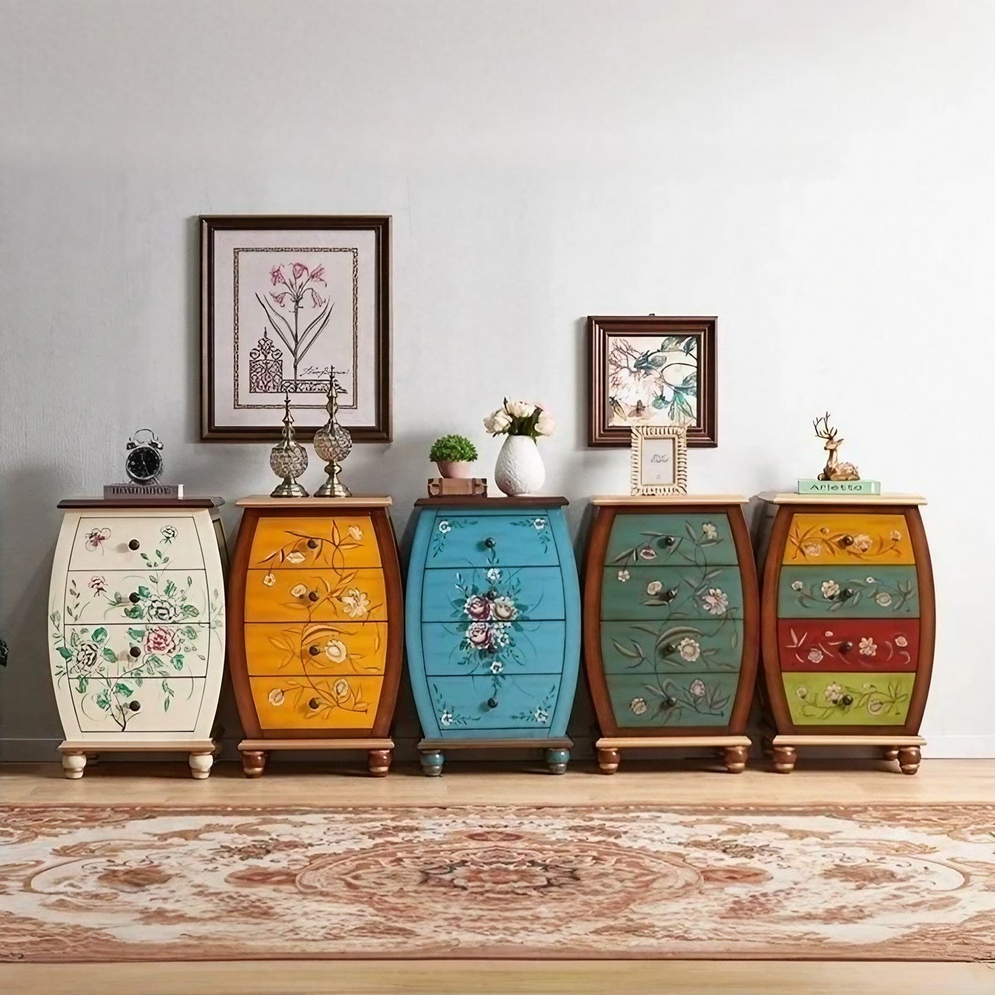 Vintage Hand-Painted Solid Wood Drawer Carved Narrow Side Cabinet