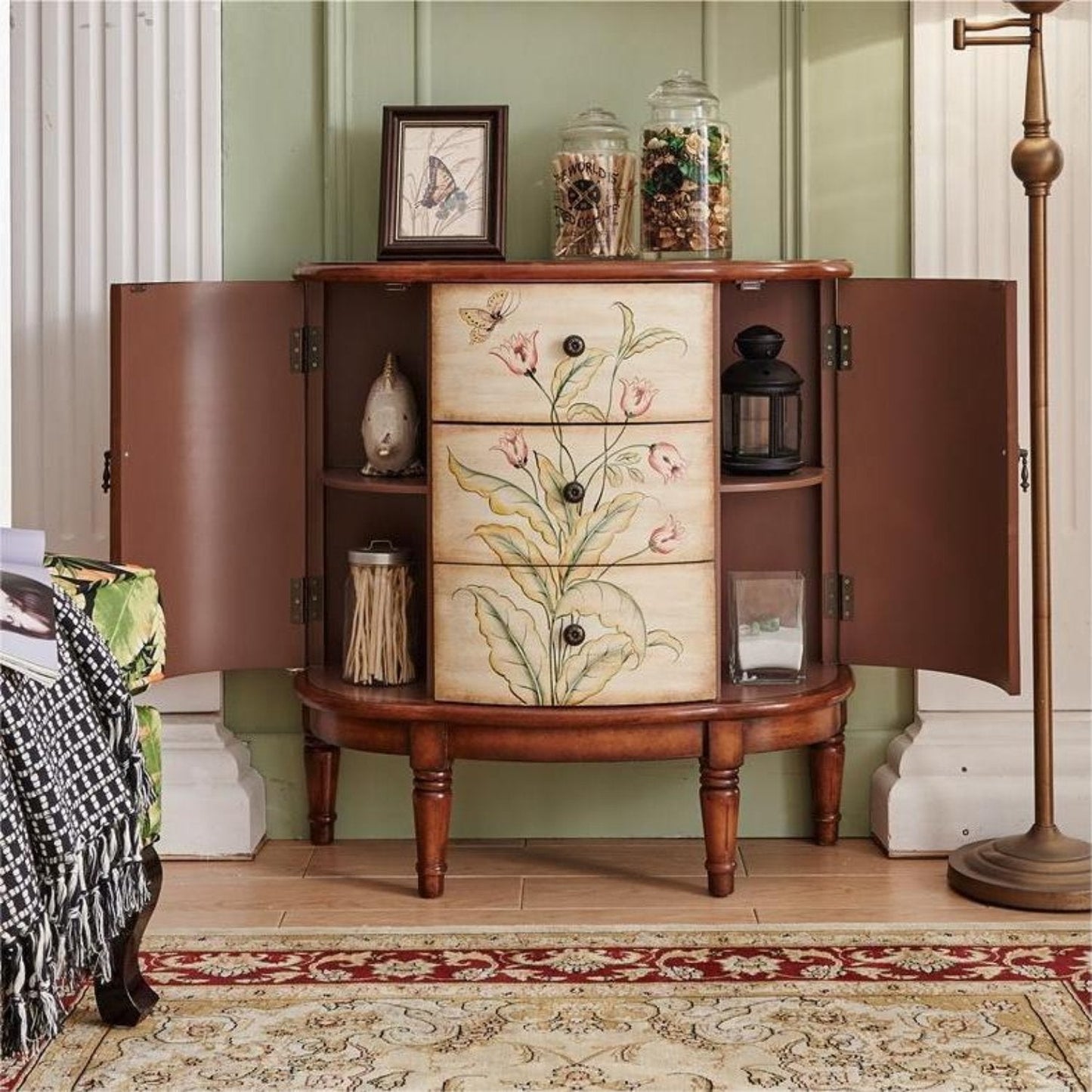 Solid Wood Hand-Painted Semicircular Carved Corridor Cabinet